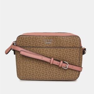 GUESS Campos Mini Camera Crossbody Bag Brown G Logo Pink Strap PVC
